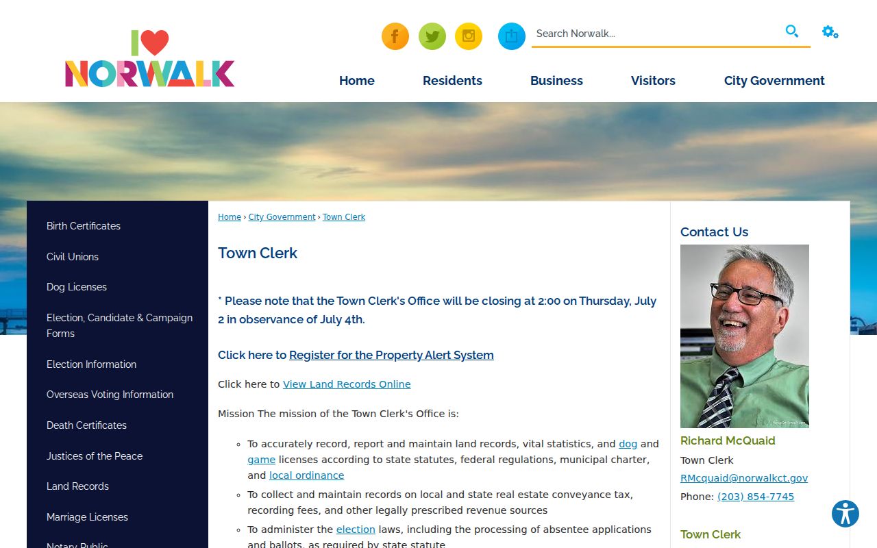 Norwalk residents directory Town Clerk records office