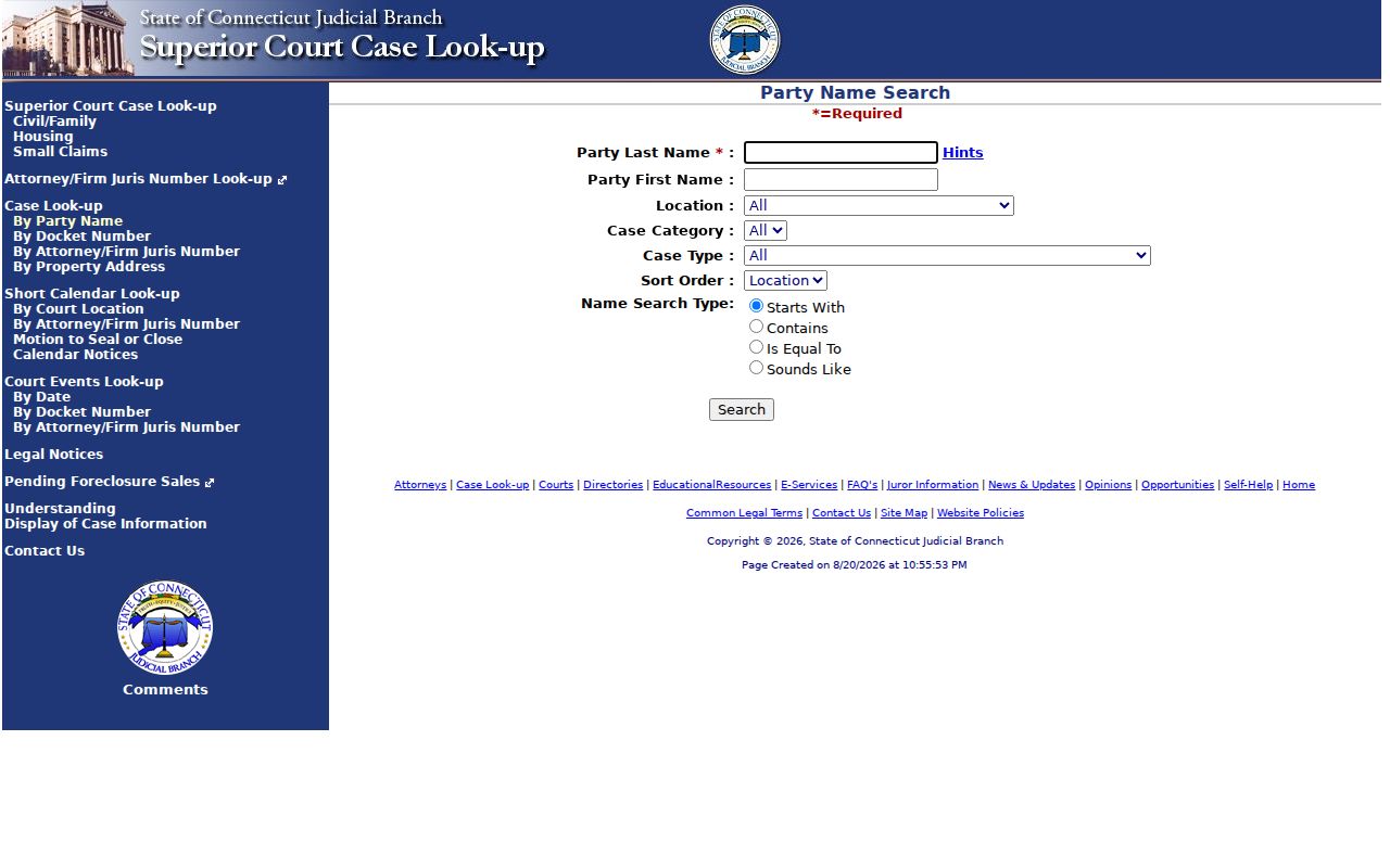 Norwalk resident lookup view of Connecticut civil party search