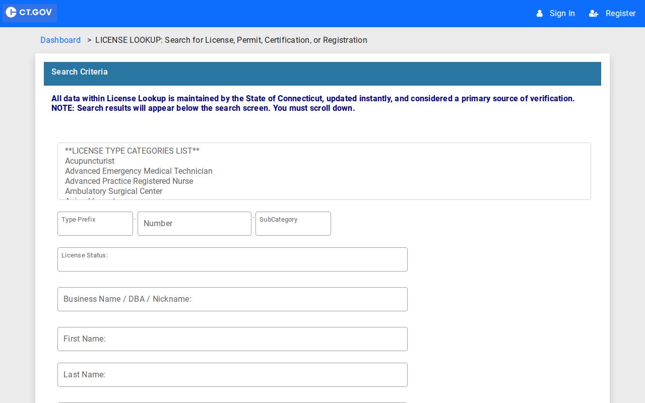 Norwalk resident lookup Connecticut eLicense credential search